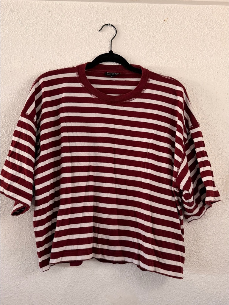 Topshop Burgundy & White Stripe Short Sleeve Boxy Top